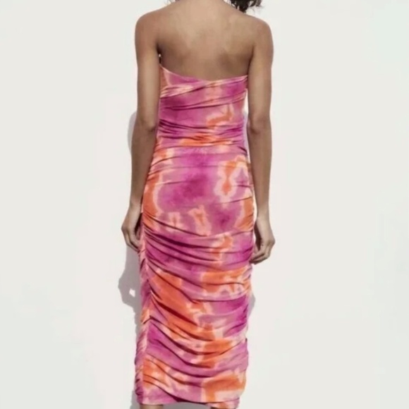 Zara Pink & Orange Printed Tulle Strapless Midi Dress – Size M | Worn Once - Picture 2 of 12